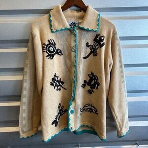 Vintage Storybook Knits Cardigan Small Reptile Lizard Southwest Sweater Beige S